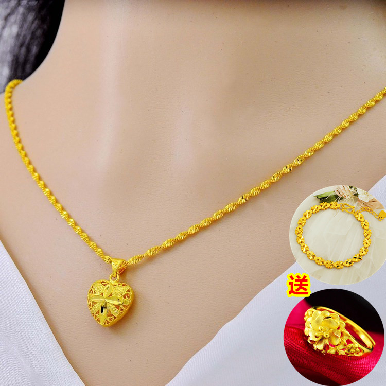 桃心24k黄金项链 经典时尚百搭水波链锁骨999足金吊坠送手链戒指