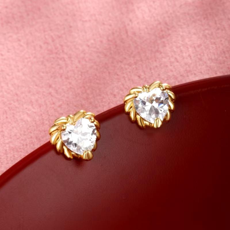 金店同款24k黄金色耳钉爱心耳饰女钻石镶嵌轻奢闪耀耳饰送女友