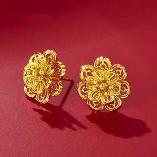 镂空玫瑰花18K黄金耳钉耳坠女款如意结花朵耳环新款高级感耳饰