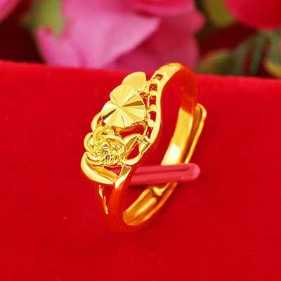 18K黄金色戒指女款花朵心金玫瑰花戒子指环结婚首饰中国风爱心