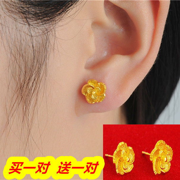 玫瑰花18K黄金色耳钉 五瓣花百搭花朵圆球磨砂耳饰女款包邮送耳钉图片
