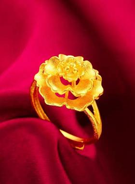 18K黄金色牡丹花戒指女款开口可调节指环花朵食指戒子三层花朵
