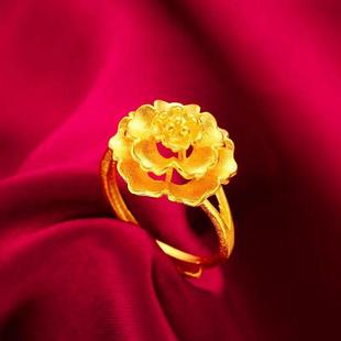 18K黄金色牡丹花戒指女款开口可调节指环花朵食指戒子三层花朵