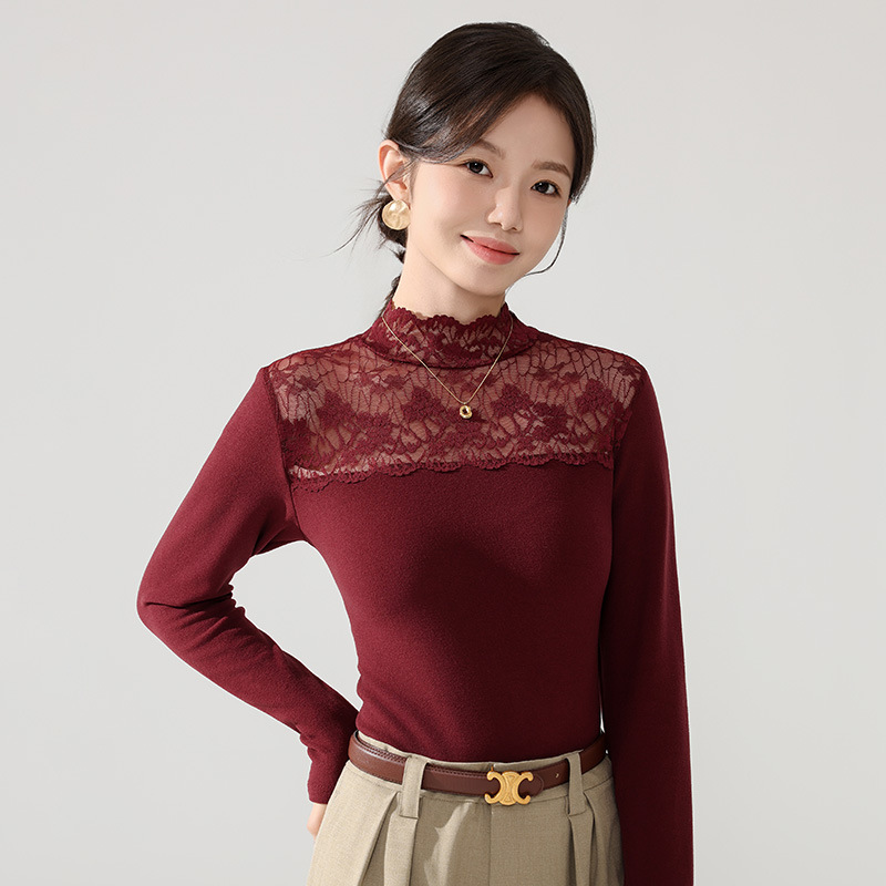 蕾丝上衣女暖绒2025秋冬新款修身女装半高领网纱内搭打底衫洋气衫