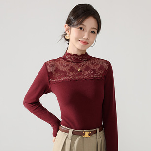 洋气衫 蕾丝上衣女暖绒2025秋冬新款 半高领网纱内搭打底衫 女装 修身