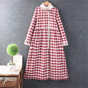 春装新款女装甜美小清新格子棉麻长袖连衣裙花边拼接宽松长裙
