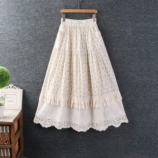 春夏新款女装甜美小清新水溶花边拼接碎花棉麻长裙叠穿半身裙