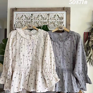 春装新款女装甜美小清新碎花棉麻上衣长袖圆领开衫叠穿衬衫