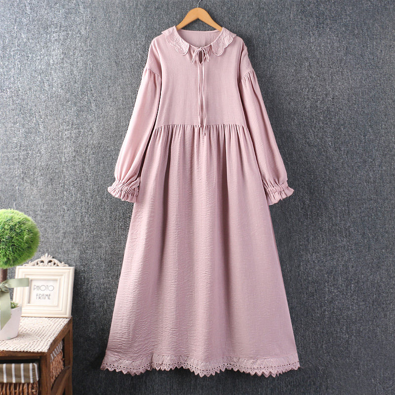 秋装新款女装文艺小清新系带娃娃领棉麻纯色连衣裙长袖宽松长裙