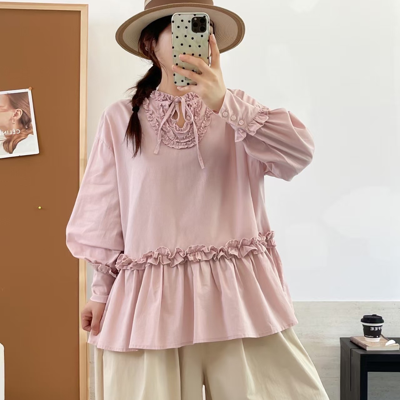 秋装新款女装日系小清新木耳花边套头上衣长袖宽松衬衫棉麻
