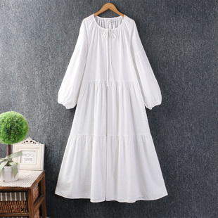 春装新款女装日系小清新系带圆领棉麻纯色叠穿长裙长袖宽松连衣裙