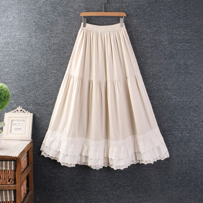 秋装新款女装日系小清新松紧腰层层花边拼接叠穿长裙棉麻半身裙