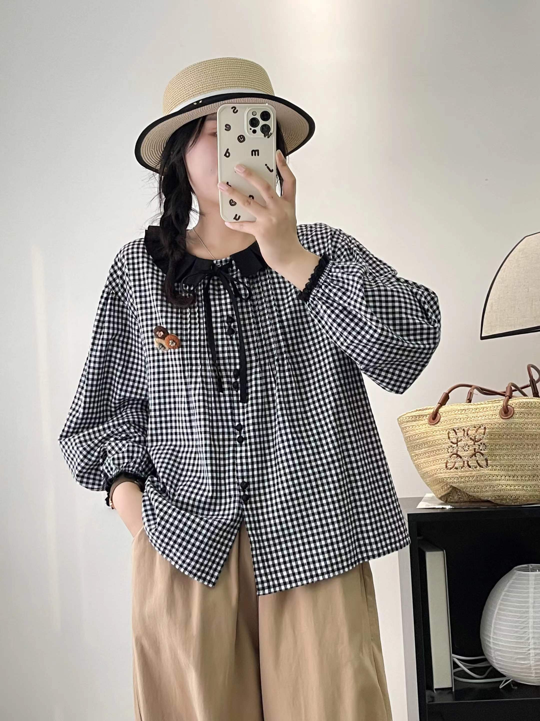 上衣娃娃领馒头扣复古宽松显瘦