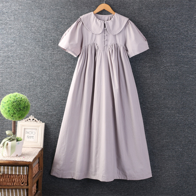 日系长裙棉麻纯色短袖连衣裙