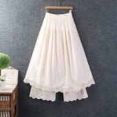 日系甜美松紧腰假两件刺绣半身裙叠穿棉麻裙裤 女装 长裙 新款 春装