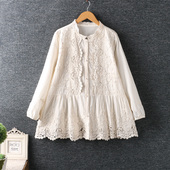 棉麻衬衫 秋装 日系甜美圆领水溶花边拼接白色上衣长袖 女装 宽松 新款