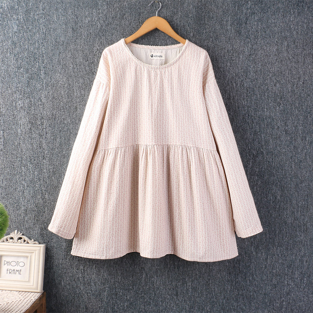 春装新款女装文艺小清新圆领印花套头上衣长袖宽松棉麻娃娃衫