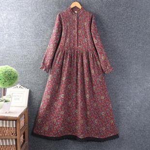 冬装新款女装日系甜美立领棉麻碎花加绒长裙加厚宽松长袖连衣裙