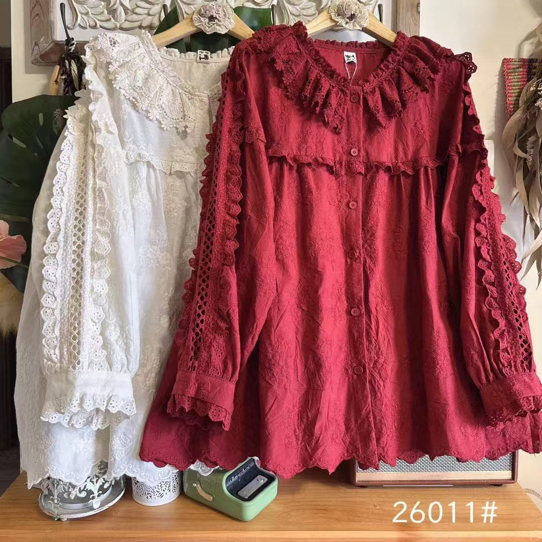 秋装新款女装日系小清新娃娃领木耳花边纯色上衣长袖宽松衬衫棉麻