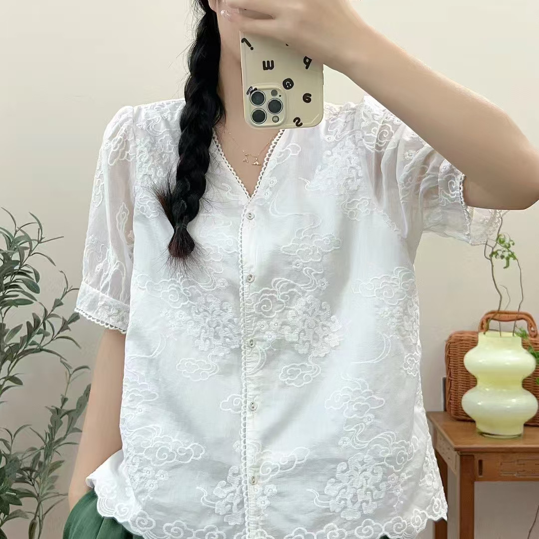 天丝棉麻短袖上衣刺绣宽松衬衫