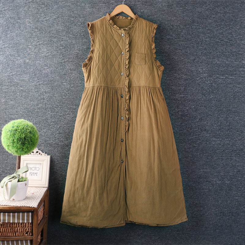 日系长裙灯芯绒纯色夹棉背心裙