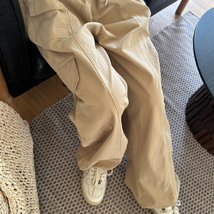女2026春古美式 阿秋卡其色工装 风阔腿裤 抽绳束脚裤 高腰宽松休闲裤