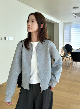 小阿秋空气层纯色宽松百搭休闲棒球服女简约圆领短款拉链外套秋