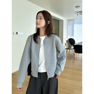 小阿秋空气层纯色宽松百搭休闲棒球服女简约圆领短款拉链外套秋
