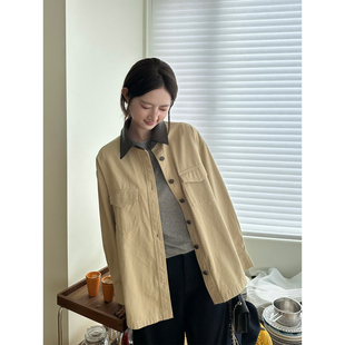 小阿秋复古拼色翻领皮领外套工装衬衫女秋季新款宽松休闲百搭上衣
