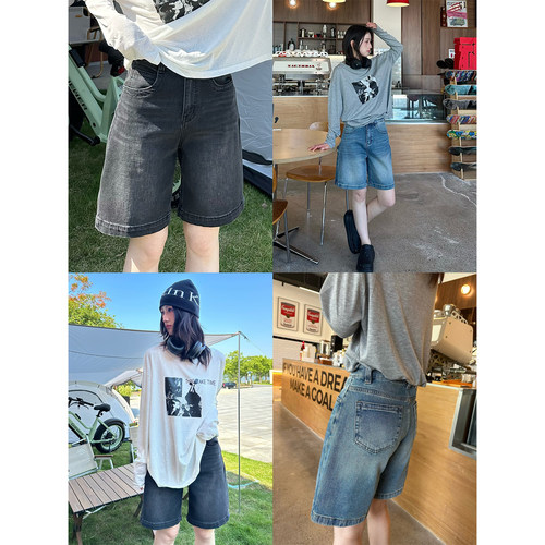 口袋刺绣高腰显瘦直筒牛仔短裤