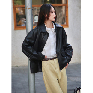 Maturefall韩系廓形皮衣外套女2026春小个子黑色宽松百搭复古夹克