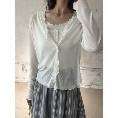 春季木耳边宽松薄款针织开衫女
