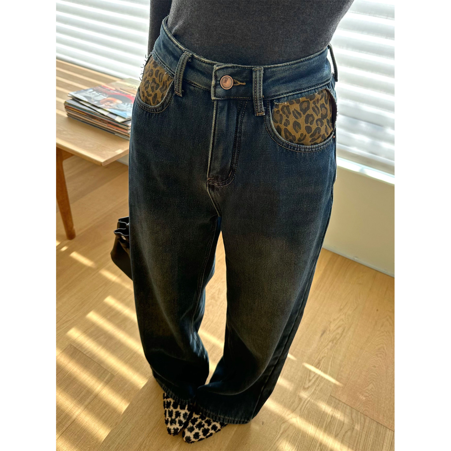 小阿秋豹纹拼色加绒加厚牛仔裤女冬高腰垂感显瘦阔腿直筒裤拖地裤,女装/女士精品,牛仔裤,淘宝优惠券,粉丝福利购,淘宝优惠卷