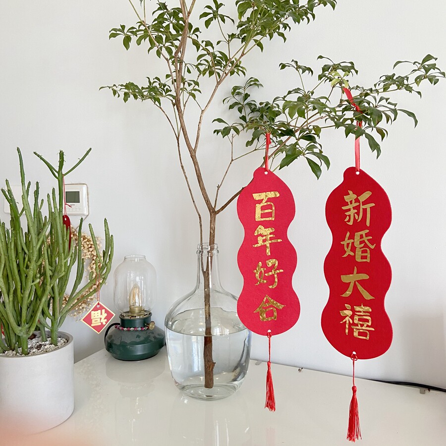 小红书推荐网红大红喜庆婚房布置门把手绿植烫金花生挂饰挂件