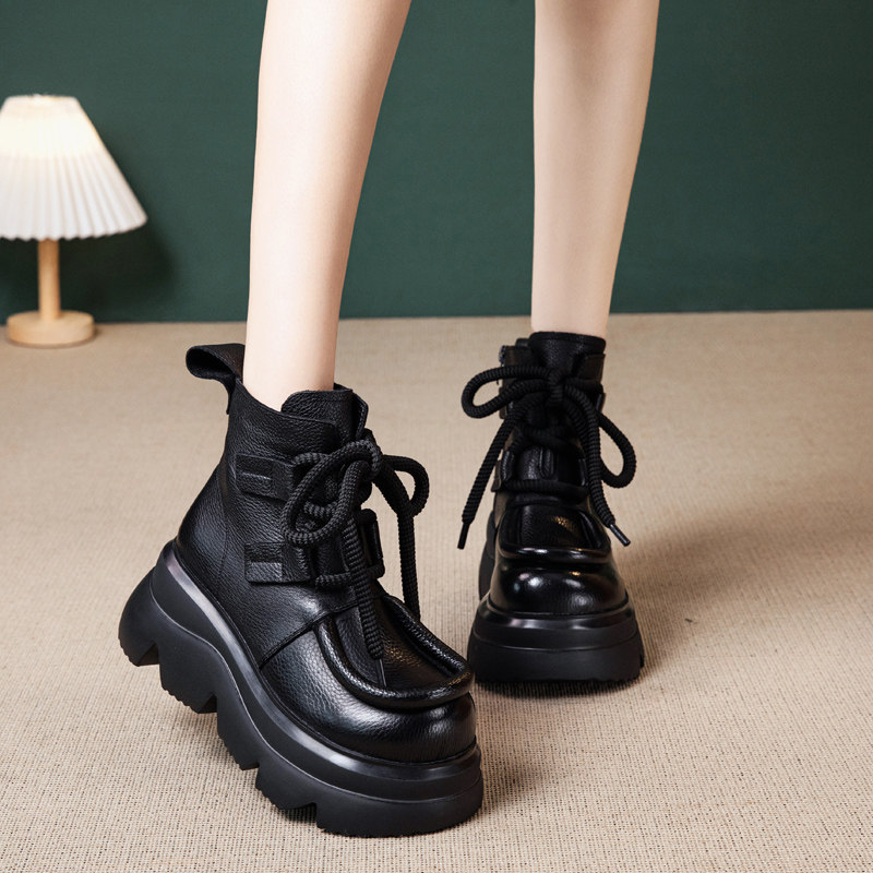 复古女鞋真皮系带厚底马丁靴2024秋冬软女式牛皮短靴女中筒ins潮