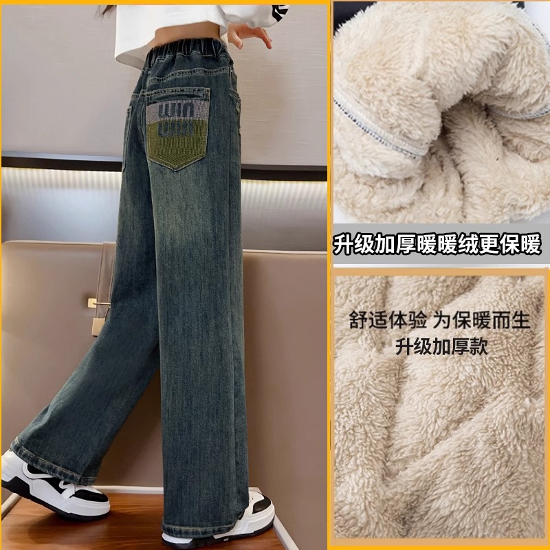 女中大童裤子秋冬加绒加厚牛仔裤羊羔绒休闲宽松冬季儿童阔腿裤子