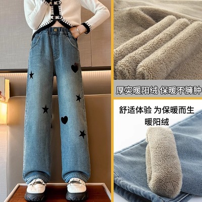 女童长裤牛仔裤一体绒加绒加厚