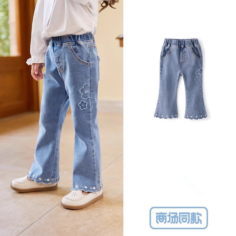 女童牛仔裤秋季微喇叭小女孩春款儿童弹力喇叭裤宝宝刺绣可爱牛仔图片