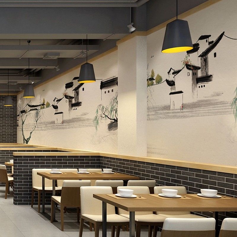 中式江南水乡水墨画壁纸饭店餐厅装饰墙纸徽派建筑火锅店包厢壁画图片