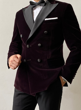 KIESSU定制紫色天鹅绒婚礼宴会礼服西装英伦绅士塔士多男西服上衣
