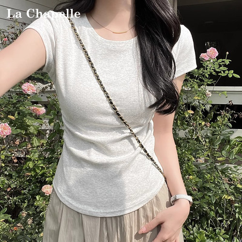 拉夏贝尔灰色正肩短袖T恤女2025新款夏季小飞袖抽褶修身半袖上衣