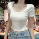 修身 拉夏贝尔白色大U领口短袖 上衣 短款 正肩美式 t恤女夏季 2026新款