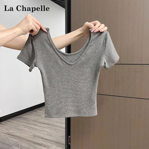 大v领齐腰短袖女短款修身上衣
