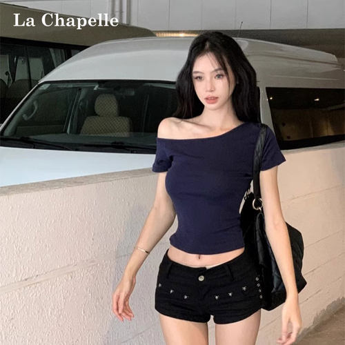 斜肩短袖t恤女短款上衣