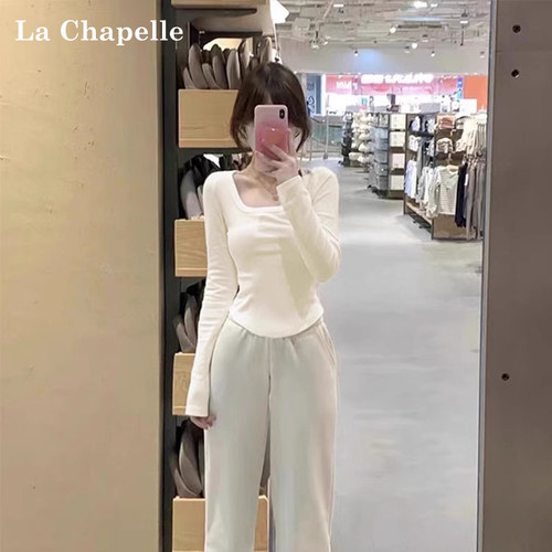 拉夏贝尔方领打底衫女春秋冬内搭纯棉设计感弧形下摆保暖长袖上衣