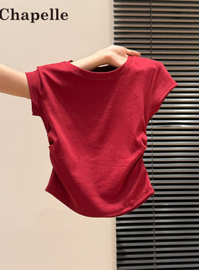 拉夏贝尔红色正肩短袖T恤女夏季2026新款圆领小飞袖抽褶收腰上衣