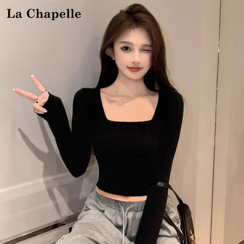 拉夏贝尔黑色短款长袖T恤女秋冬内搭打底衫纯棉高腰百搭洋气上衣