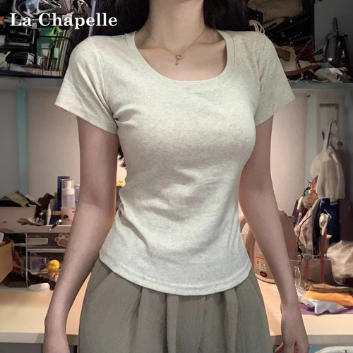 拉夏贝尔美式正肩短袖T恤女春夏新款基础款百搭修身内搭打底上衣