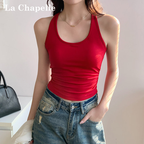 拉夏贝尔红色吊带背心女夏文胸一体带胸垫辣妹遮副乳内搭收腰上衣