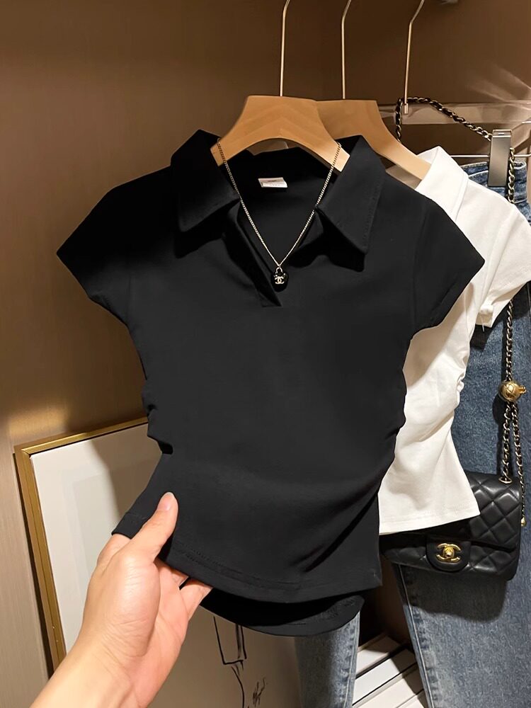 La Chapelle White Polo Collar Short-Sleeved T-Shirt for Women 2026 New Summer Pure Cotton Pleated Waist-Cinching Top